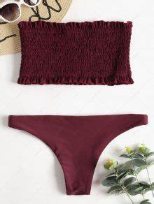 Ruffle Smocked Bandeau Bikini Set In Red Wine Zaful