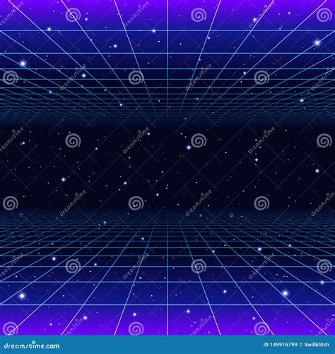 Retro Neon Background With 80s Styled Laser Grid And Stars Stock Vector