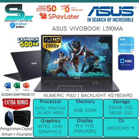 Jual Laptop Slim Asus Vivobook L510ma Intel Pentium Silver N5030 4gb