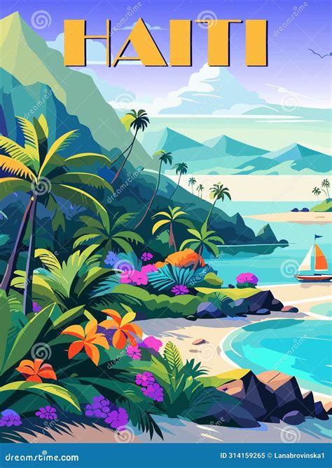 Haiti Travel Poster in Retro Style Vector Art. Stock Illustration