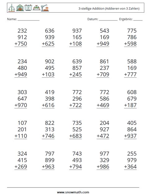 25 3 stellige addition addieren von 3 zahlen Mathe Arbeitsblätter