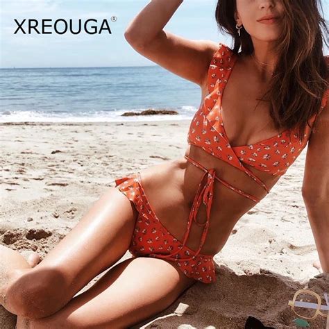 Xreouga Bikini Set Orange Strappy Swimsuits Flounce Sleeves Sexy Swim