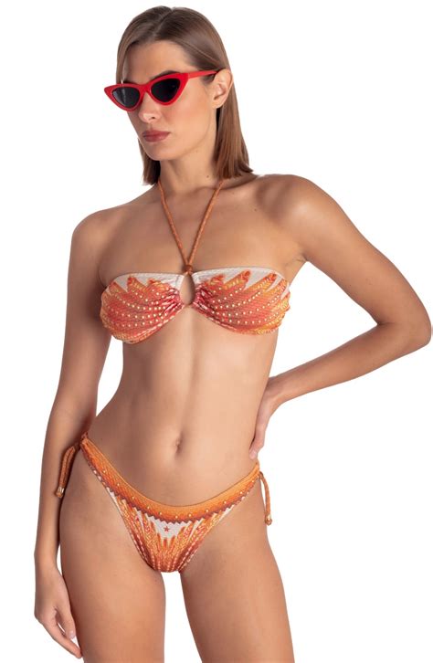 FLÜGELDRUCK NIETENBESETZTER GEPOLSTERTER BANDEAU BIKINI Größe S Farbe Orange Slip brasilianische