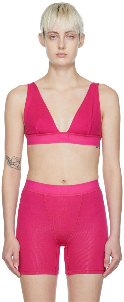 SKIMS: Pink Cotton Rib Plunge Bralette | SSENSE Canada