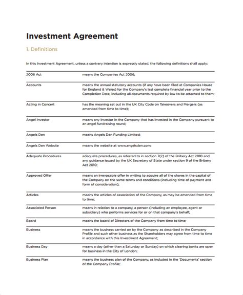 investment agreement investment contract template  template
