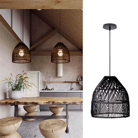 Boho Rattan Pendant Light Fixtures Mini Farmhouse Natural Chandelier