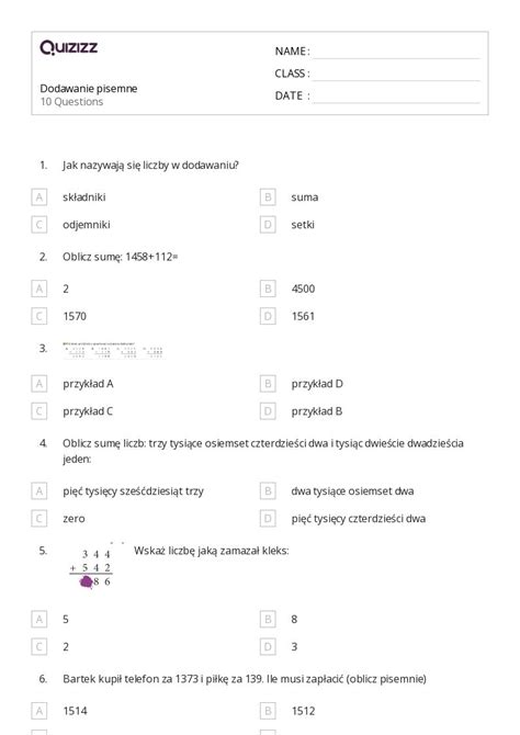 Ponad Dodawanie Arkuszy Roboczych Dla Klasa W Quizizz Darmowe I
