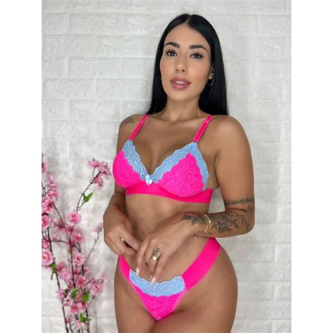 Conjunto Lingerie Renda Elastico Neon Bicolor Sem Bojo Completo Sexy Luxo Shopee Brasil