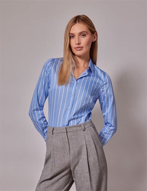 Women S Executive Blue White Stripe Semi Fitted Shirt Hawes And Curtis