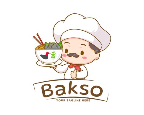 Chef con Bakso o ilustración de dibujos animados de albóndigas. Comida