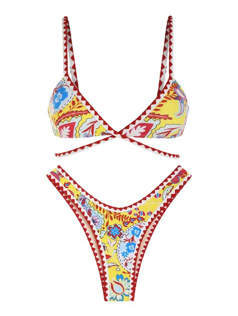 Zaful Ethnic Plant Print Whip Stitching High Cut Wrap Bikini Swimwear