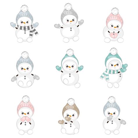 Conjunto de ilustración de vector de navidad lindos muñecos de nieve