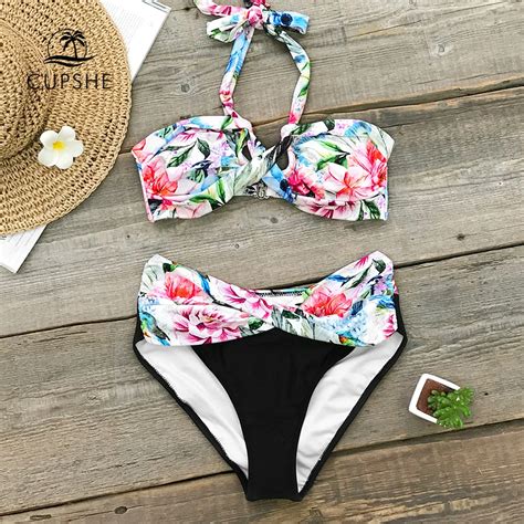 Cupshe Floral Print Twist Halter Bikini Sets Women Back Hook Sexy Two