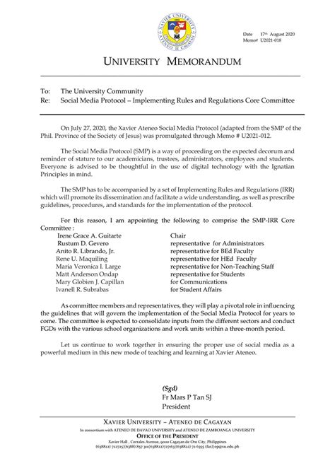 xavier university memo   social media protocol