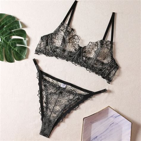 New Style Women Sexy Bra Sets Ultra Thin Transparent Lingerie Gift Set Black Lace Underwear Suit