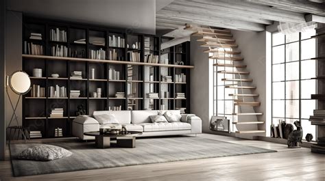 Living Room Or Library Filled With Bookshelves And Stairs Background