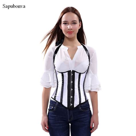 Sapubonva Ladies Sexy Black And White Striped Halter Corset And Bustier