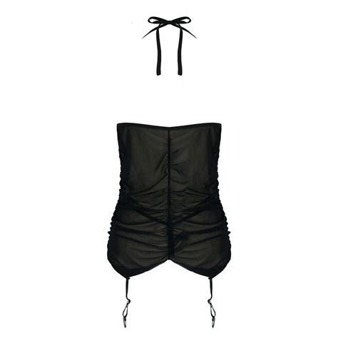 Sexy Black Halter Backless Ruffle Mesh Nightwear Chemise Lingerie N