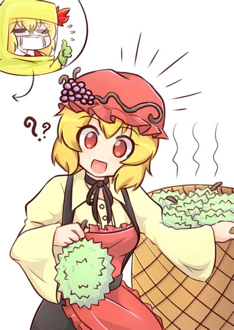 Safebooru Girls D Aki Minoriko Aki Shizuha Blonde Hair Dress Durian Flying Sweatdrops Food