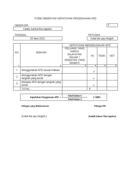Form Observasi Kepatuhan Penggunaan Apd Pdf