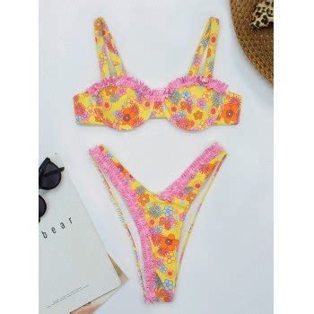 Emmiol Free Shipping Frill Trim Underwire Floral Bikini Set Yellow M In Bikini Sets Online