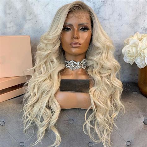 Full Lace Human Hair Wigs Remy 180Density Brazilian Ombre Highlight Platinum Blonde Wavy
