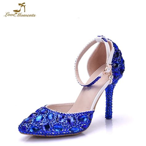 Royal Blue Rhinestone Wedding Shoes 9cm Pointed Toe Summer Sandals