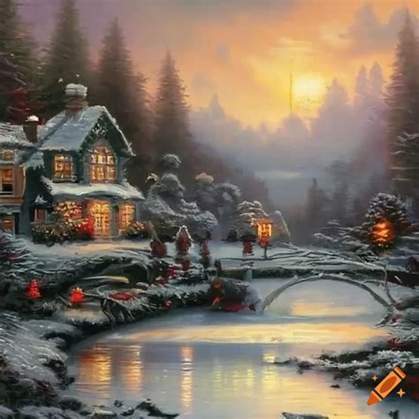 Thomas Kinkade Style Christmas Landscape Painting On Craiyon