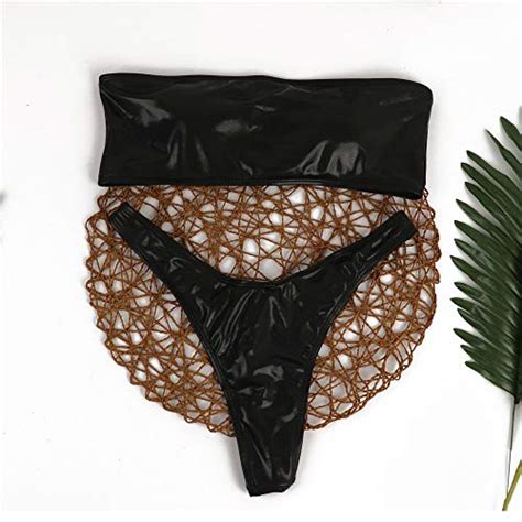 Mlide Womens High Cut Bandeau Patent Leather Bikini Set Solid Color Two Pieces Bathing Suit