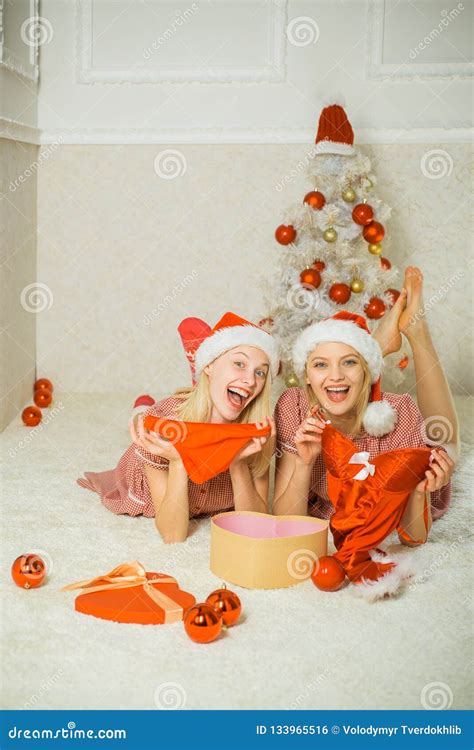 Girls Wearing Santa Claus Clothes Lingerie For Celebrating New Year Stock Photo Image Of