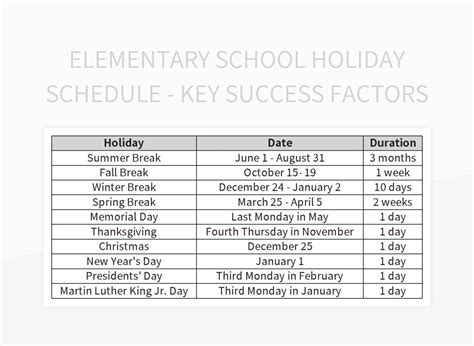 Elementary School Holiday Schedule Key Success Factors Excel Template