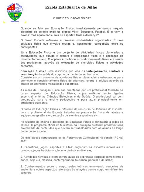 O Que É Educação Fisica Texto - Texto Sobre Educação Física Escolar | PDF | Educação Física | Física