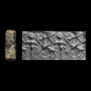 Western Asiatic Cylinder Seal With Nude Hero Contest Scene In