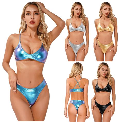 Women Piece Triangle Bikini Set Sexy Shiny Metallic Swimsuit Beach