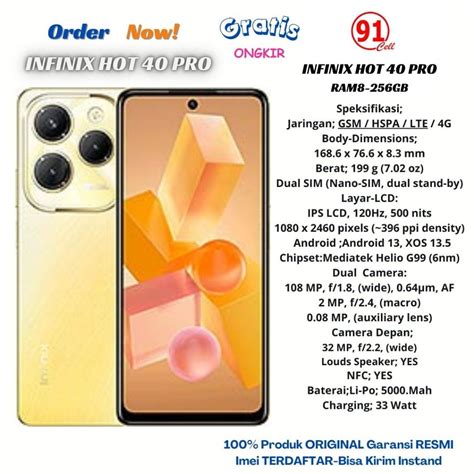 Jual Infinix Hot 40 Pro Nfc Ram12 8 256gb Ram8 8 256gb Camera 108 Mp Mediatek Helio G99 6nm