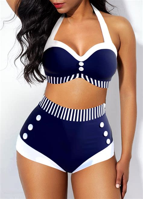 High Waisted Striped Button Navy Bikini Set Rosewe Usd