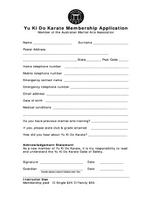 Martial Arts Membership Form Fill Online Printable Fillable Blank