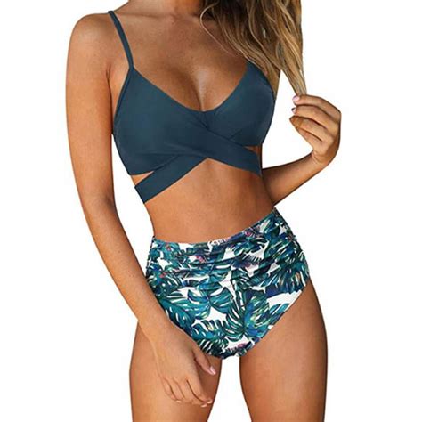 Prettyui Women Wrap Bikini Set Push Up High Waisted 2 Piece Swimsuits Criss Cross High Waisted
