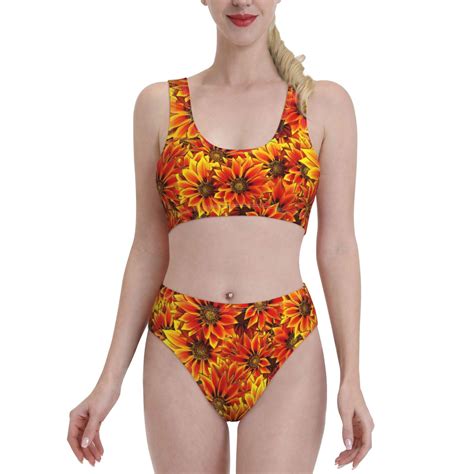 Adobk Sunflower Print Women High Waisted Bikini Set Sports Swimsuit