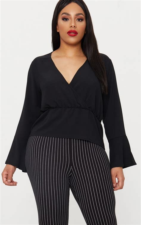 Plus Black Wrap Detail Top Plus Size Prettylittlething