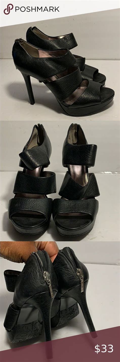 Calvin Klein Rewini Black Leather Heels Shoes M Black Peep Toe Heels