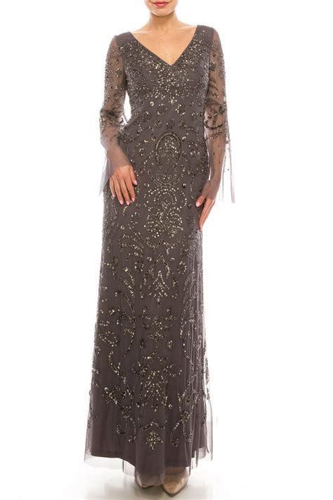 Adrianna Papell Beaded Long Sleeve Gown Moonscape Long Sleeve