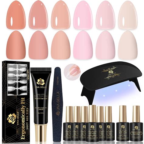 Amazon UNA GELLA Nude Gel Nail Polish Kit Almond Short Nail Tips With Glue Gel Curing
