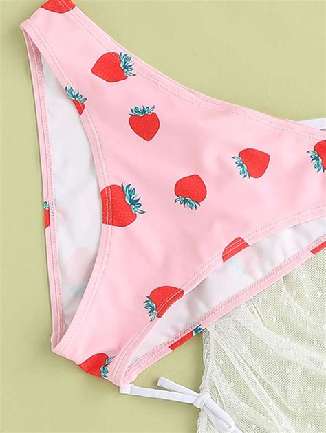 Shein Teen Girls Strawberry Print Criss Cross Bikini Set With Beach Skirt Summer Beach Shein Uk