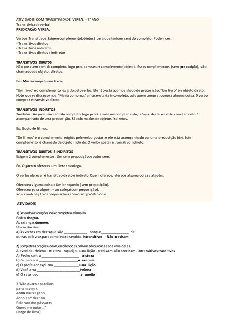 Atividade Sobre Transitividade Verbal - FDPLEARN
