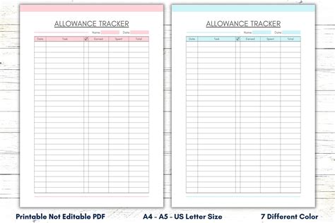 Allowance Earning Chart Printable, Childrens Allowance Log, Kids