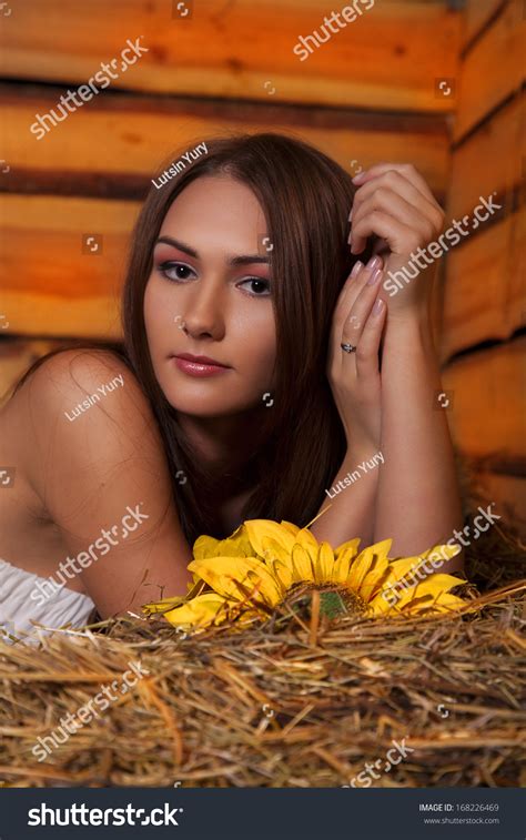 Gorgeous Brunette Long Legs Posing Hayloft Stock Photo Shutterstock
