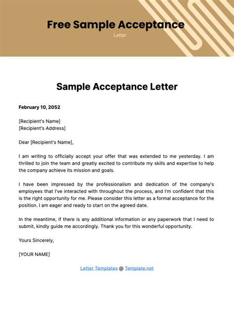 Free Sample Acceptance Letter Template to Edit Online