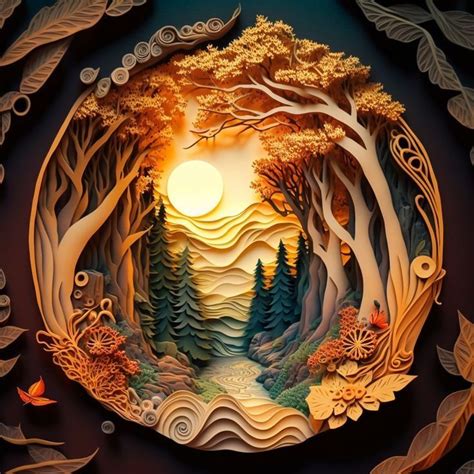 intricate paper art scene  trees  sun