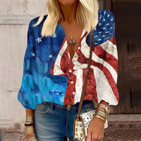 Ydkzymd Flag Freedom Patriotic Stars Stripes Womens Work Shirts